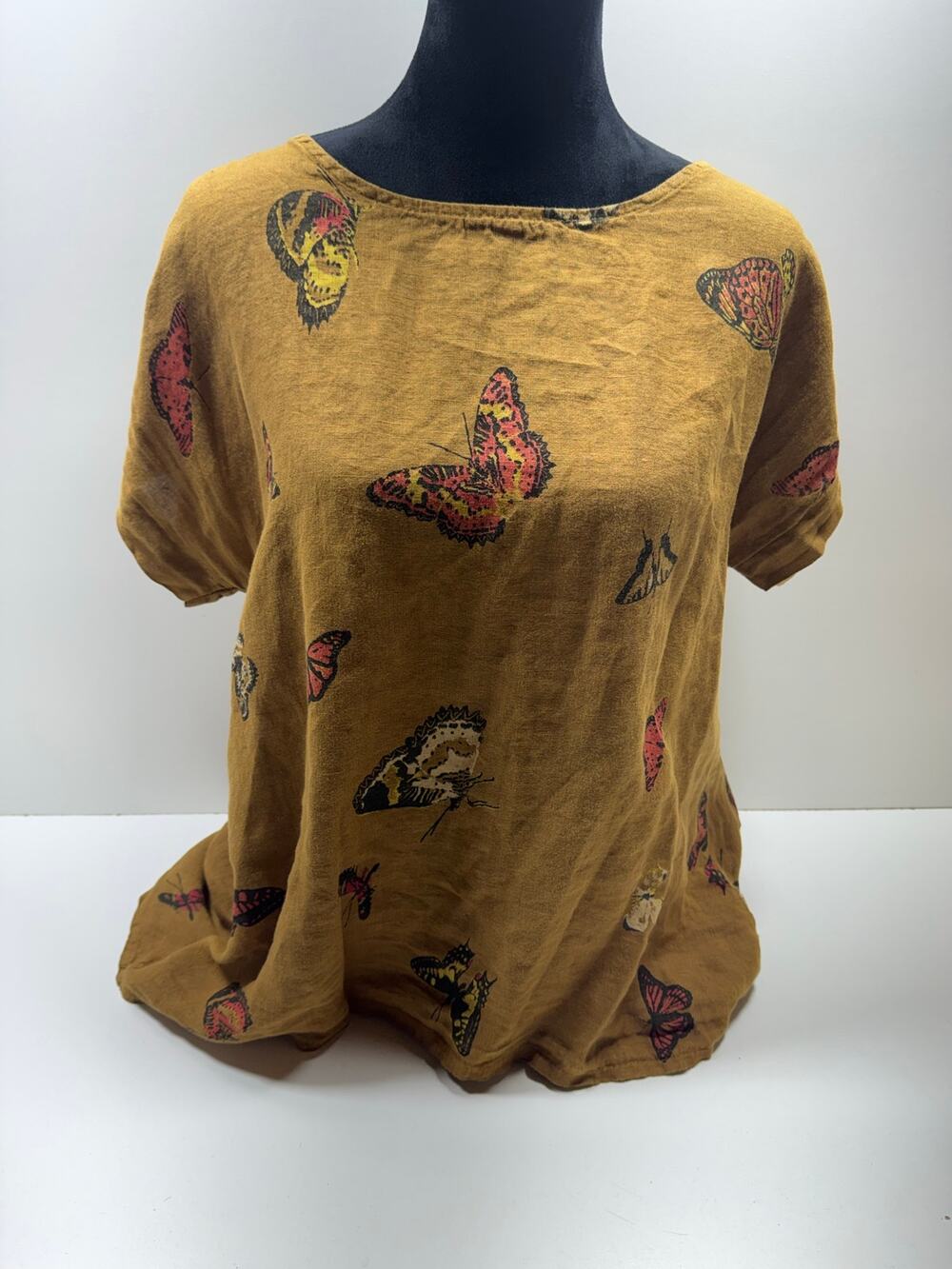 Terzo Millenio  Women’s Whimsical Linen Brown Top Butterfly Print Lagenlook